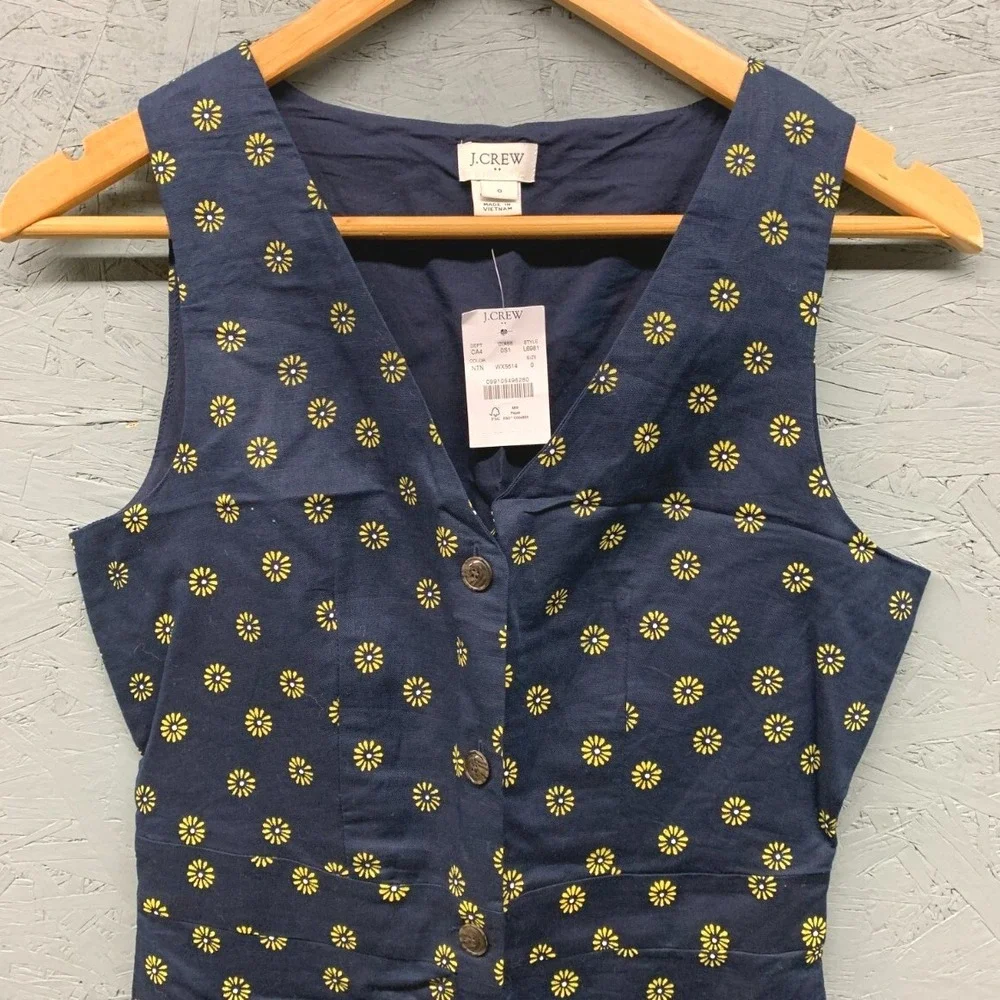 J.Crew Floral Button Front Dress Womens 0 Blue Sleeveless Summer Preppy NWT